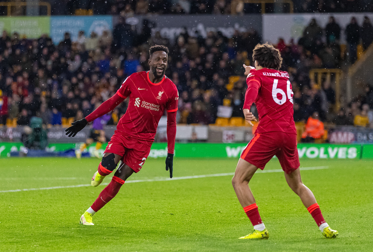 Liverpool's Divock Origi celebrates after scoring an injury tinme winning goal during the FA Premier League match between Wolverhampton Wanderers FC and Liverpool FC at Molineux Stadium