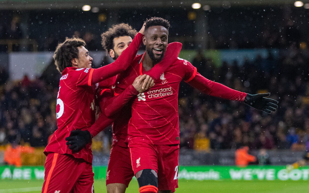 Liverpool's Divock Origi celebrates after scoring an injury tinme winning goal during the FA Premier League match between Wolverhampton Wanderers FC and Liverpool FC at Molineux Stadium. Liverpool won 1-0.