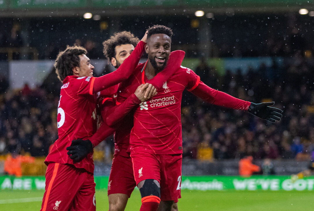 Liverpool's Divock Origi celebrates after scoring an injury tinme winning goal during the FA Premier League match between Wolverhampton Wanderers FC and Liverpool FC at Molineux Stadium. Liverpool won 1-0.