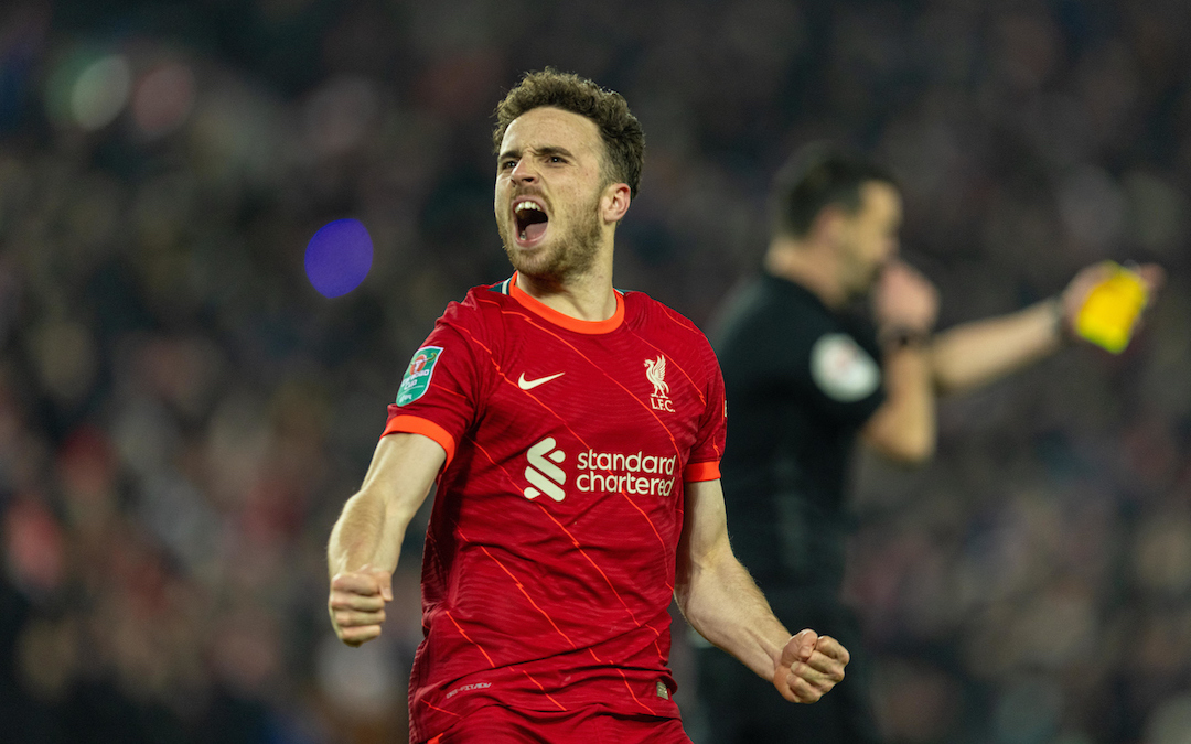 Liverpool's Diogo Jota celebrates after scoring the decisive penalty in the shoot-out after the Football League Cup Quarter-Final match between Liverpool FC and Leicester City FC at Anfield