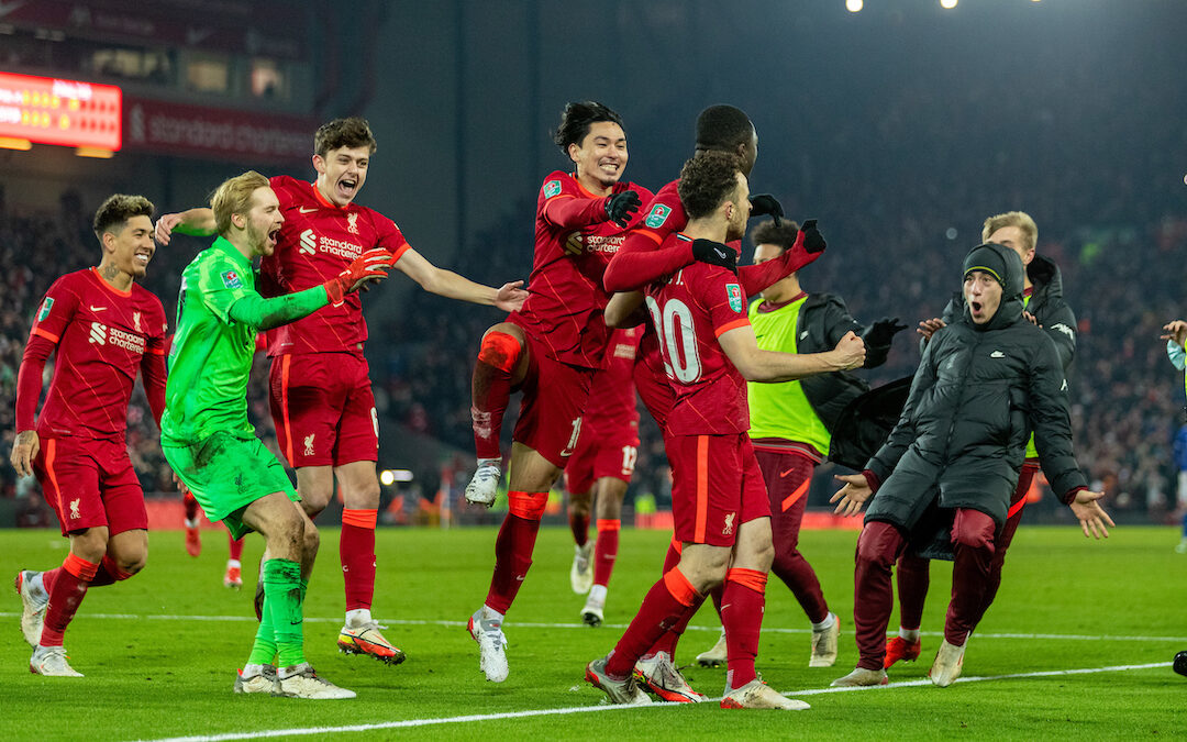 Liverpool's Diogo Jota celebrates with team-mates after scoring the decisive penalty in the shoot-out after the Football League Cup Quarter-Final match between Liverpool FC and Leicester City FC at Anfield