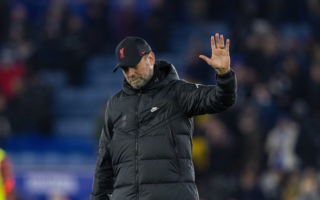 Liverpool's manager Jürgen Klopp waves to the travelling supporters after the FA Premier League match between Leicester City FC and Liverpool FC at the King Power Stadium