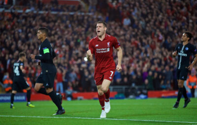 Liverpool's James Milner celebrates scoring the second goal from a penalty kick during the UEFA Champions League Group C match between Liverpool FC and Paris Saint-Germain at Anfield