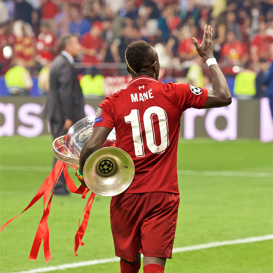 Liverpool's Sadio Mane with the trophy after the UEFA Champions League Final match between Tottenham Hotspur FC and Liverpool FC at the Estadio Metropolitano