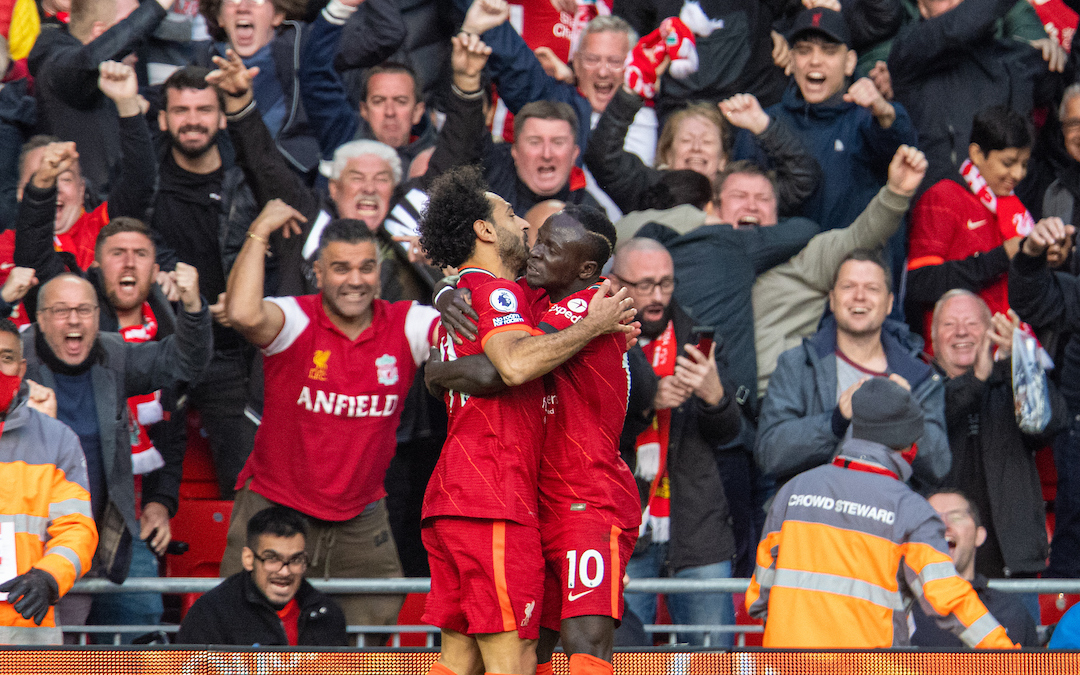 Liverpool's Sadio Mané (R) celebrates with team-mate Mohamed Salah after scoring the first goal during the FA Premier League match between Liverpool FC and Manchester City FC at Anfield