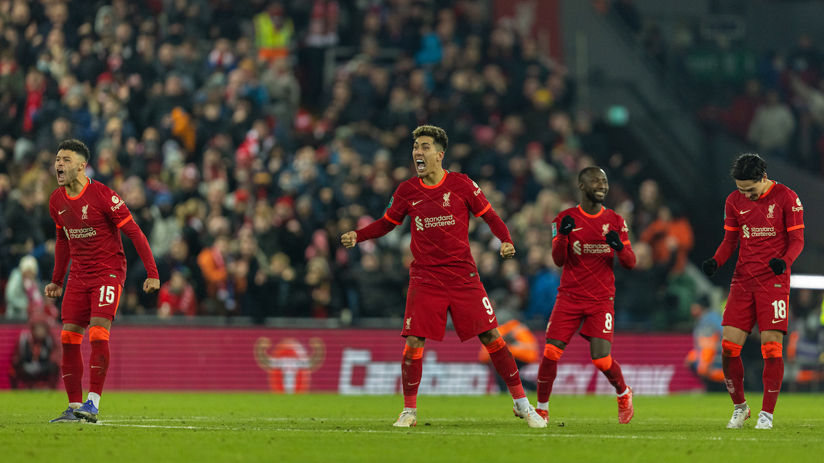 Liverpool's Roberto Firmino celebrates as his goalkeeper makes a second save in the penalty shoot-out during the Football League Cup Quarter-Final match between Liverpool FC and Leicester City FC at Anfield