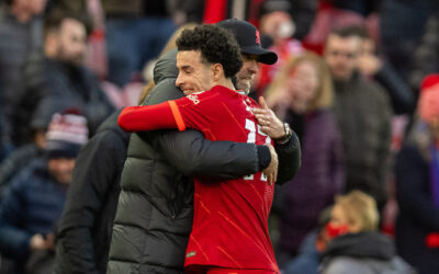 Liverpool's manager Jürgen Klopp embraces Curtis Jones after the FA Premier League match between Liverpool FC and Brentford FC at Anfield