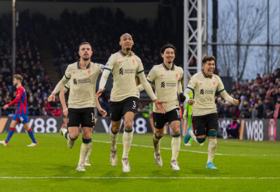 Liverpool's Fabio Henrique Tavares 'Fabinho' (2nd from L) celebrates with team-mates captain Jordan Henderson, Takumi Minamino and Roberto Firmino after scoring the third goal during the FA Premier League match between Crystal Palace FC and Liverpool FC at Selhurst Park