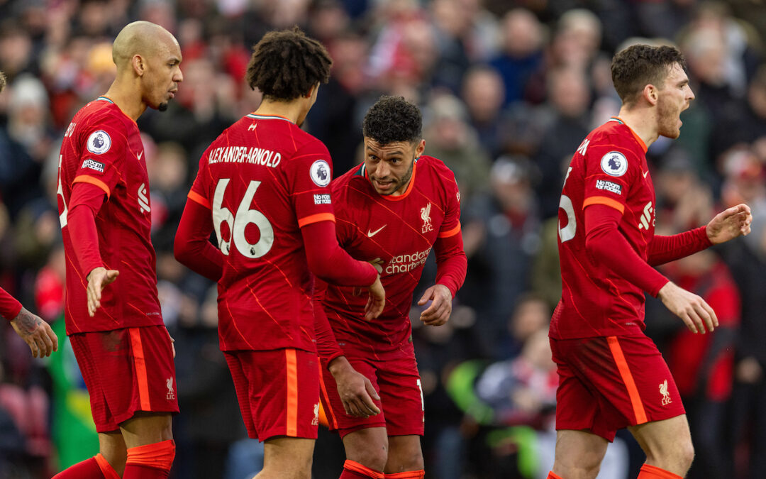 Liverpool's Alex Oxlade-Chamberlain celebrates after scoring the second goal during the FA Premier League match between Liverpool FC and Brentford FC at Anfield