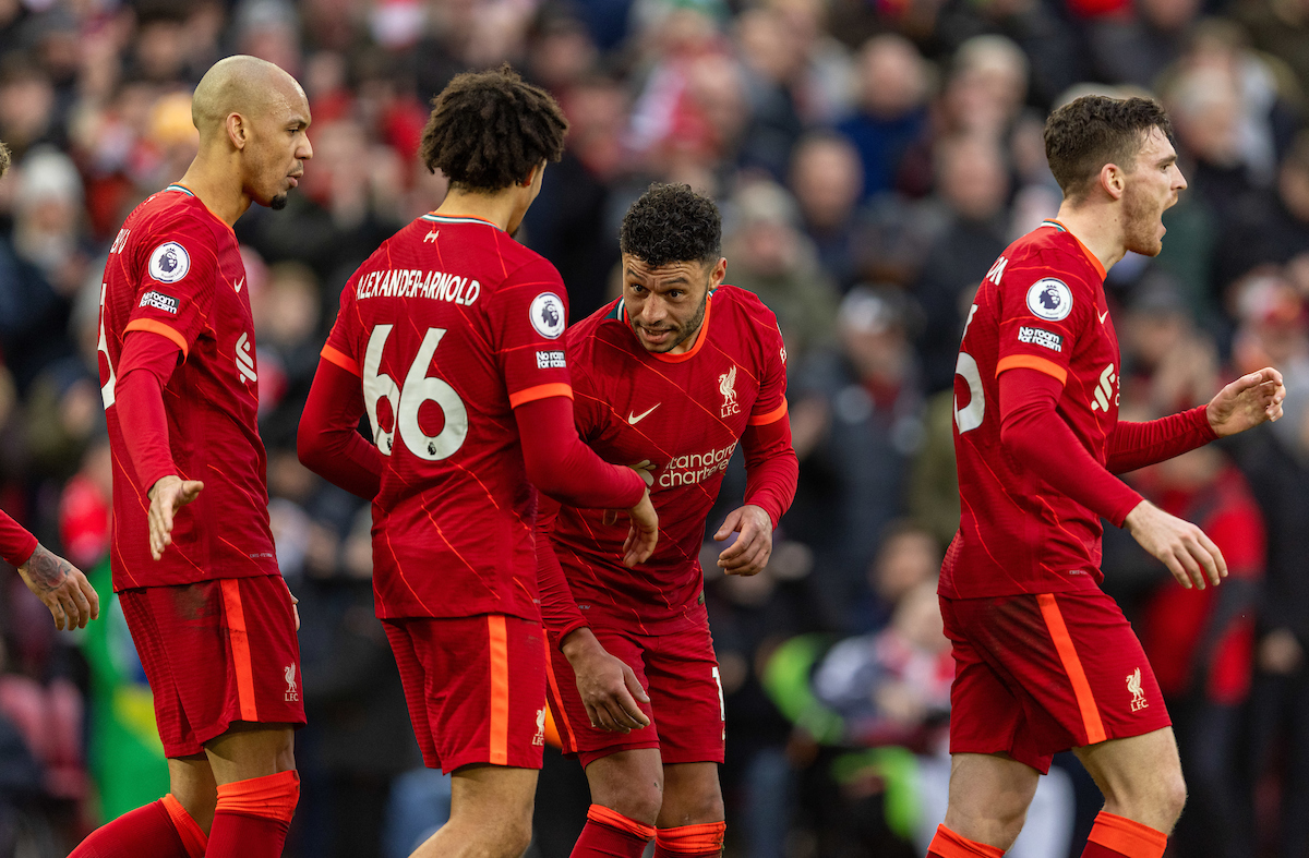 Liverpool's Alex Oxlade-Chamberlain celebrates after scoring the second goal during the FA Premier League match between Liverpool FC and Brentford FC at Anfield