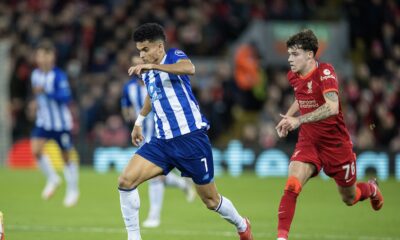 FC Porto's Luis Díaz (L) and Liverpool's Neco Williams during the UEFA Champions League Group B Matchday 5 game between Liverpool FC and FC Porto at Anfield