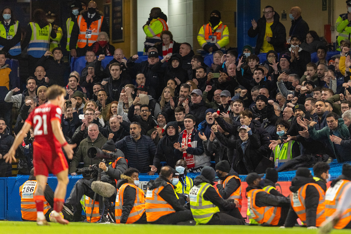 Liverpool supporters during the FA Premier League match between Chelsea FC and Liverpool FC at Stamford Bridge