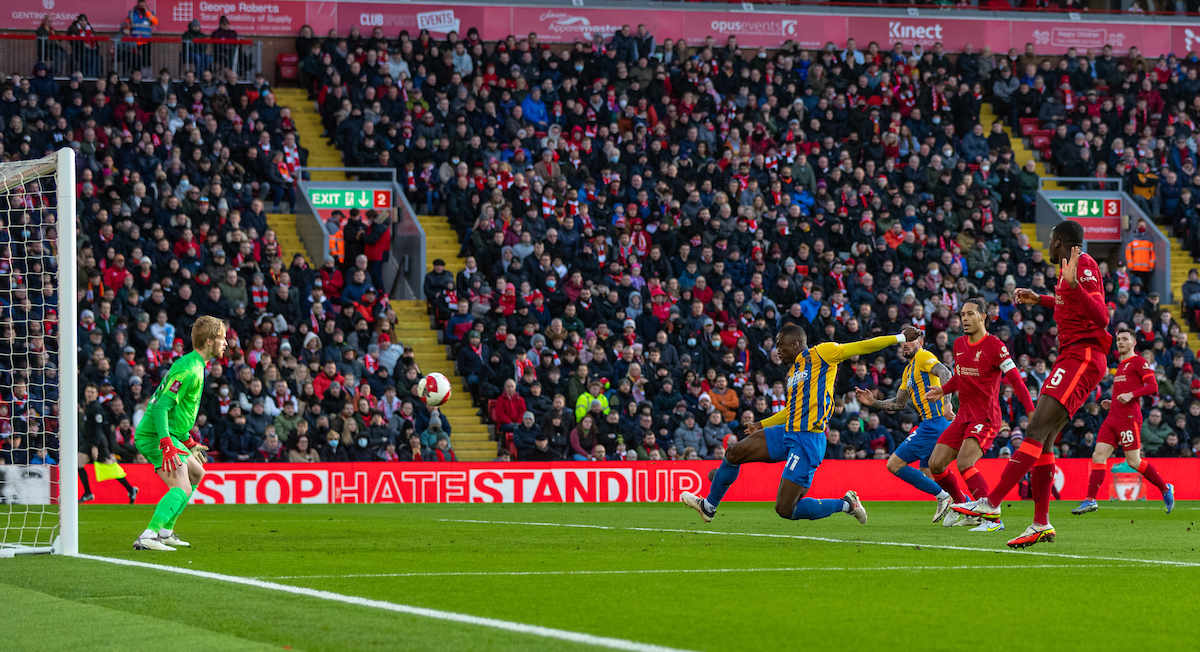 Shrewsbury Town's Daniel Udoh scores the first goal during the FA Cup 3rd Round match between Liverpool FC and Shrewsbury Town FC at Anfield