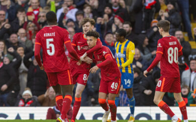 Liverpool's Kaide Gordon celebrates after scoring the first equalising goal during the FA Cup 3rd Round match between Liverpool FC and Shrewsbury Town FC at Anfield.