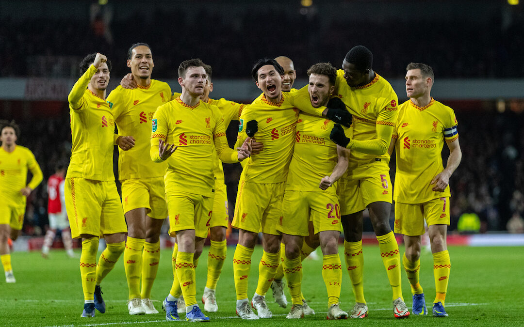 Liverpool's Diogo Jota (#20) celebrates after scoring the second goal during the Football League Cup Semi-Final 2nd Leg match between Arsenal FC and Liverpool FC at the Emirates Stadium