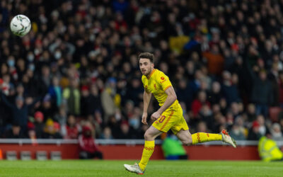 Liverpool's Diogo Jota scores the second goal during the Football League Cup Semi-Final 2nd Leg match between Arsenal FC and Liverpool FC at the Emirates Stadium