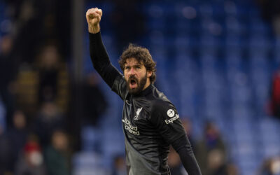 Liverpool's goalkeeper Alisson Becker celebrates after the FA Premier League match between Crystal Palace FC and Liverpool FC at Selhurst Park