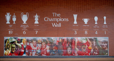 The Champions Wall at Anfield. A mosaic of photographs of Liverpool supporters