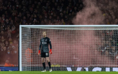 Liverpool's goalkeeper Caoimhin Kelleher during the Football League Cup Semi-Final 2nd Leg match between Arsenal FC and Liverpool FC at the Emirates Stadium