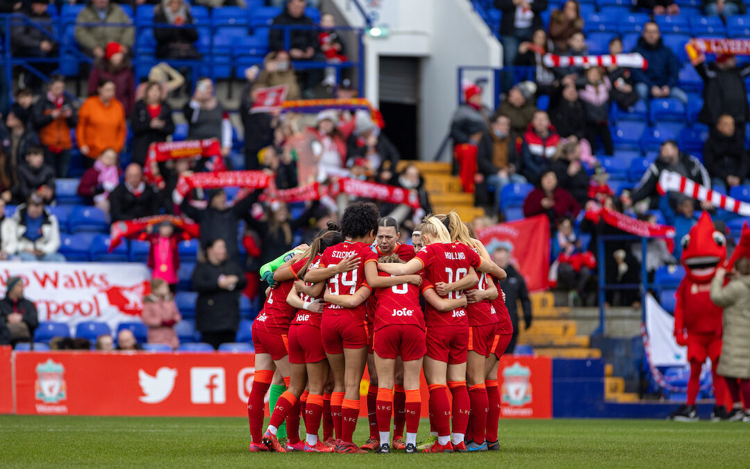 Liverpool players form a pre-match huddle during the Women’s FA Cup 4th Round match between Liverpool FC Women and Lincoln City Women FC at Prenton Park