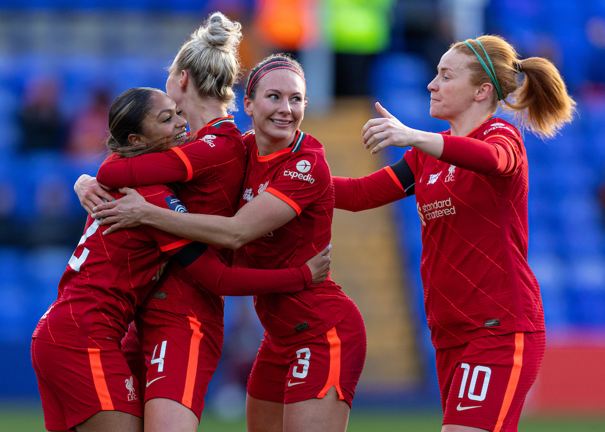 Liverpool's Taylor Hinds (L) celebrates with team-mates Rhiannon Roberts, Leighanne Robe and Rachel Furness after scoring the first goal during the FA Women’s Championship Round 14 match between Liverpool FC Women and Coventry United FC Women at Prenton Park