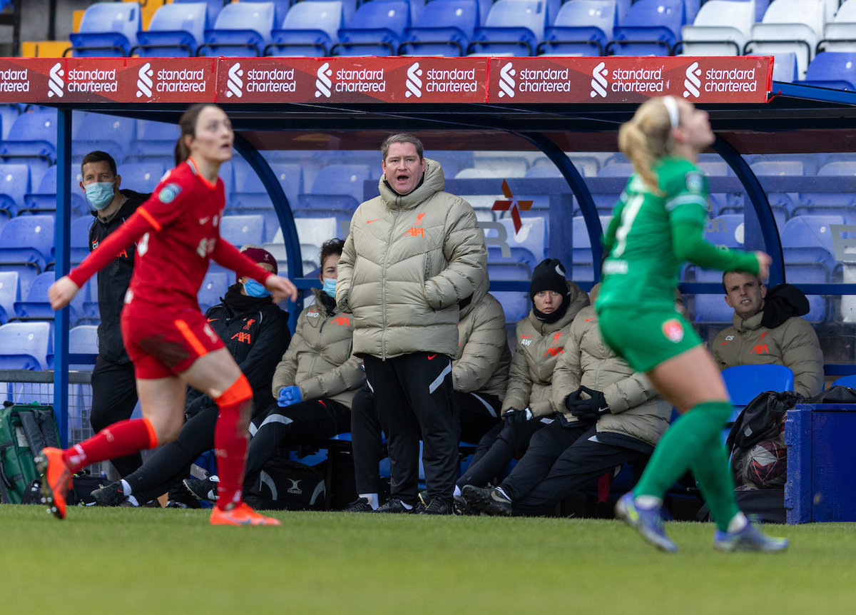 Liverpool manager Matt Beard during the FA Women’s Championship Round 14 match between Liverpool FC Women and Coventry United FC Women at Prenton Park