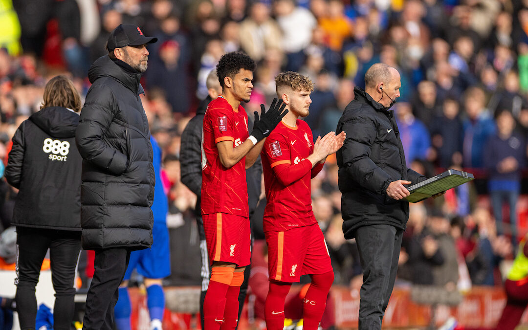 Liverpool's manager Jurgen Klopp prepares to bring on substitutes new signing Luis Díaz and Harvey Elliott during the FA Cup 4th Round match between Liverpool FC and Cardiff City FC at Anfield.