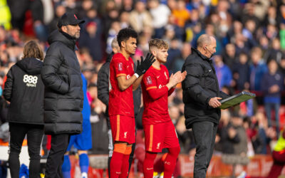 Liverpool's manager Jurgen Klopp prepares to bring on substitutes new signing Luis Díaz and Harvey Elliott during the FA Cup 4th Round match between Liverpool FC and Cardiff City FC at Anfield.