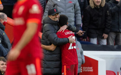 Liverpool's manager Jürgen Klopp embraces goal-scorer Luis Díaz as he is substituted during the FA Premier League match between Liverpool FC and Norwich City FC at Anfield