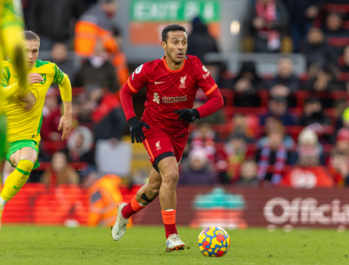 Liverpool's Thiago Alcantara during the FA Premier League match between Liverpool FC and Norwich City FC at Anfield