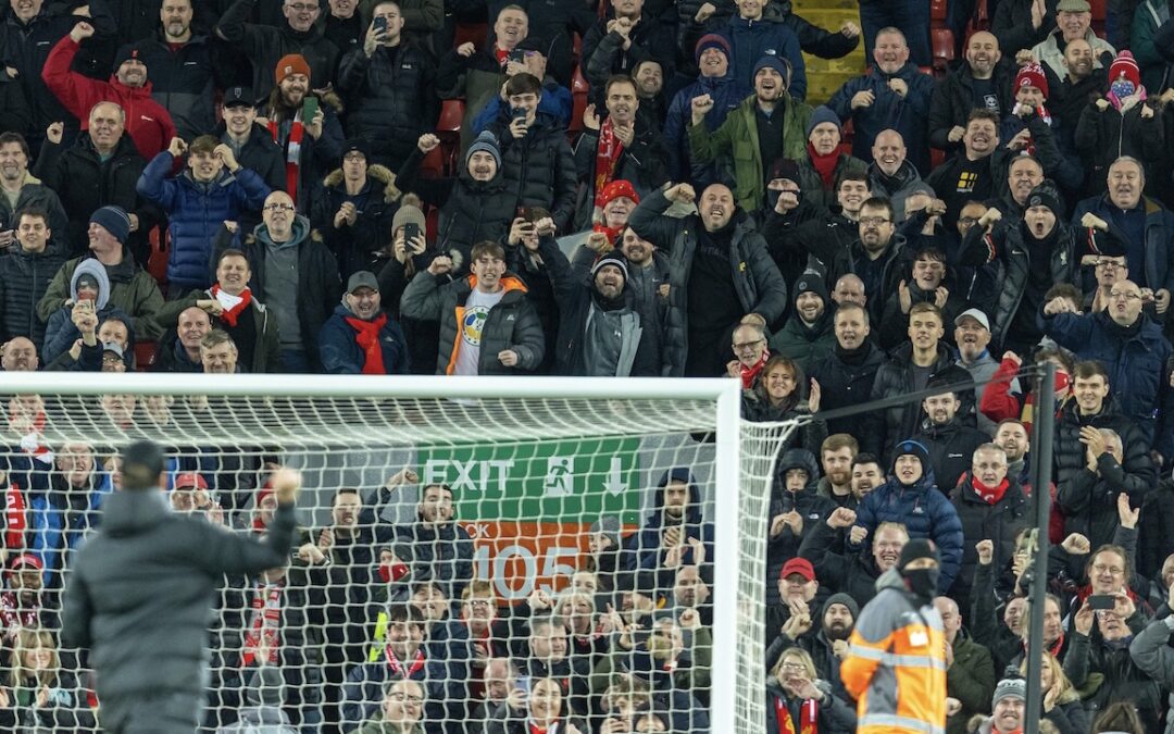 Liverpool supporters celebrate with manager Jürgen Klopp after the FA Premier League match between Liverpool FC and Leeds United FC at Anfield