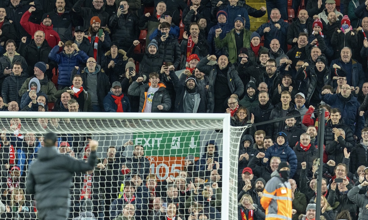 Liverpool supporters celebrate with manager Jürgen Klopp after the FA Premier League match between Liverpool FC and Leeds United FC at Anfield