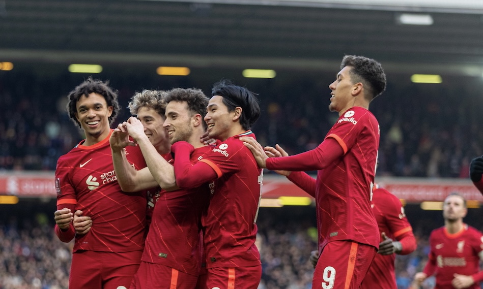 Liverpool's Diogo Jota celebrates after scoring the first goal during the FA Cup 4th Round match between Liverpool FC and Cardiff City FC at Anfield