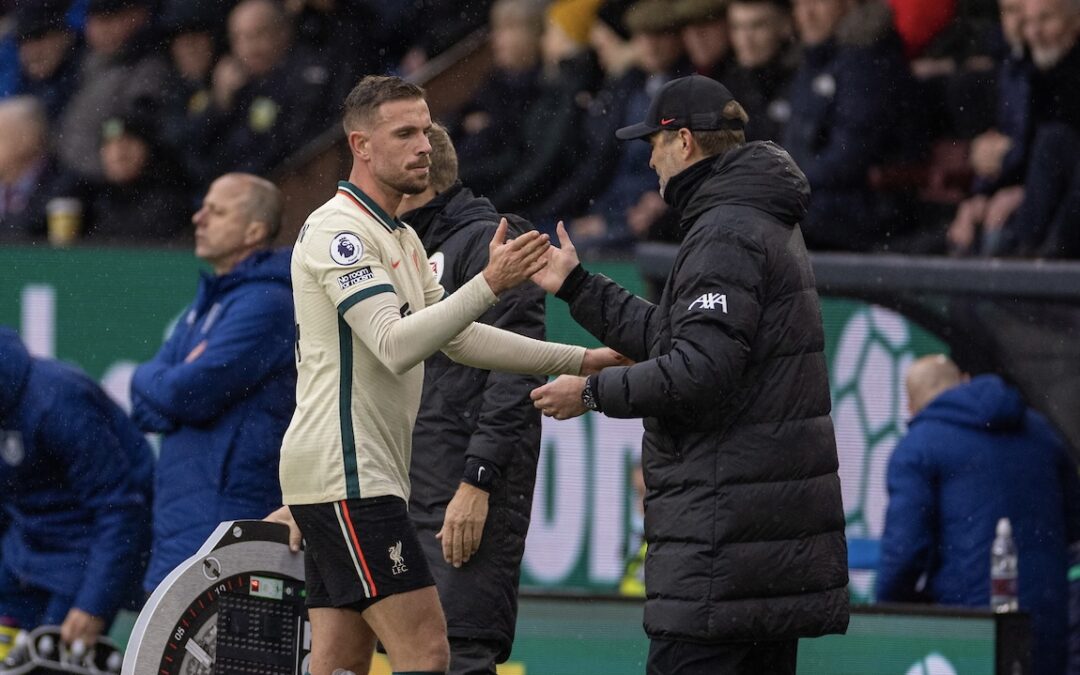 Liverpool's captain Jordan Henderson shakes hands with manager Jürgen Klopp as he substituted during the FA Premier League match between Burnley FC and Liverpool FC at Turf Moor