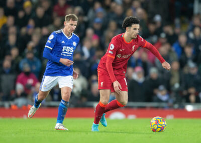 Liverpool’s Curtis Jones (R) and Leicester’s Marc Albrighton during the FA Premier League match between Liverpool FC and Leicester City FC at Anfield