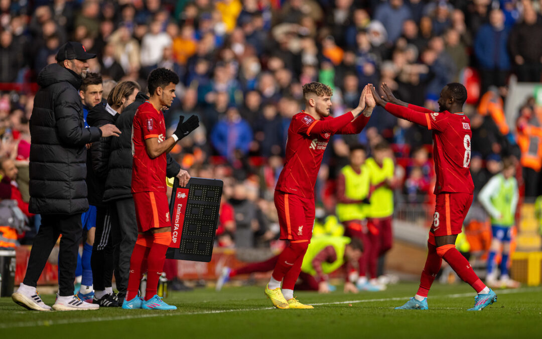 Liverpool's Harvey Elliott replaces Naby Keita during the FA Cup 4th Round match between Liverpool FC and Cardiff City FC at Anfield