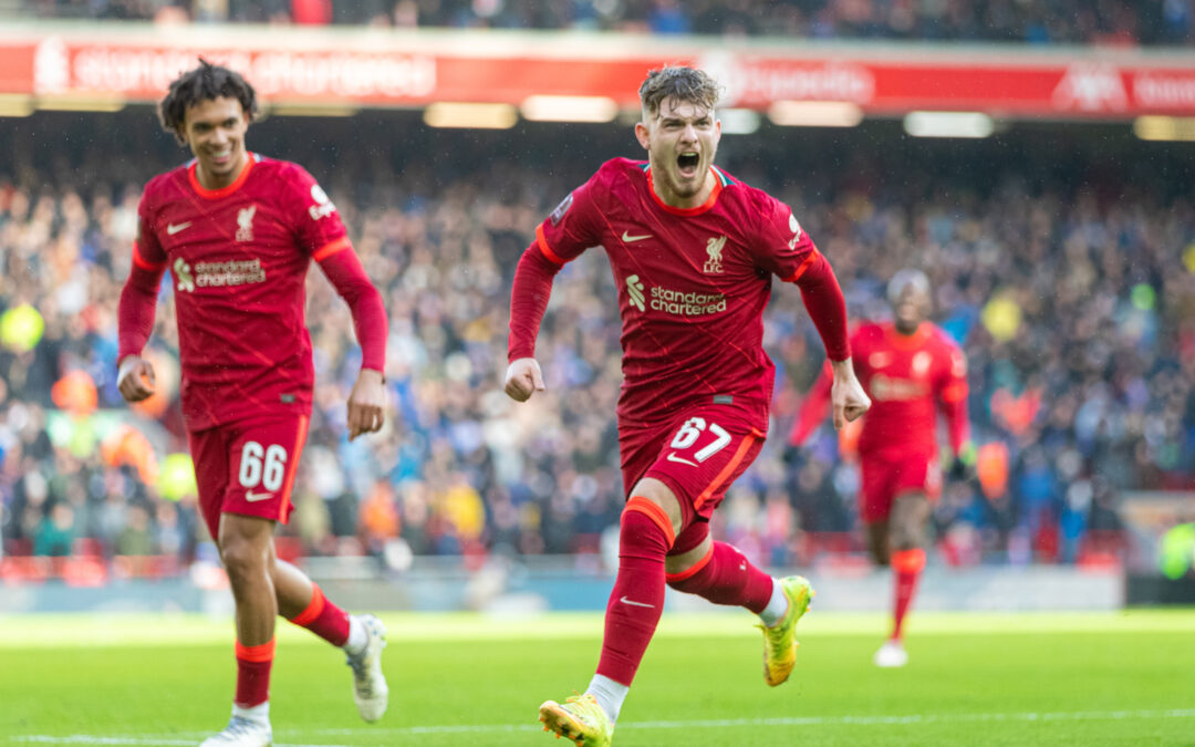 Liverpool's Harvey Elliott celebrates after scoring the third goal during the FA Cup 4th Round match between Liverpool FC and Cardiff City FC at Anfield