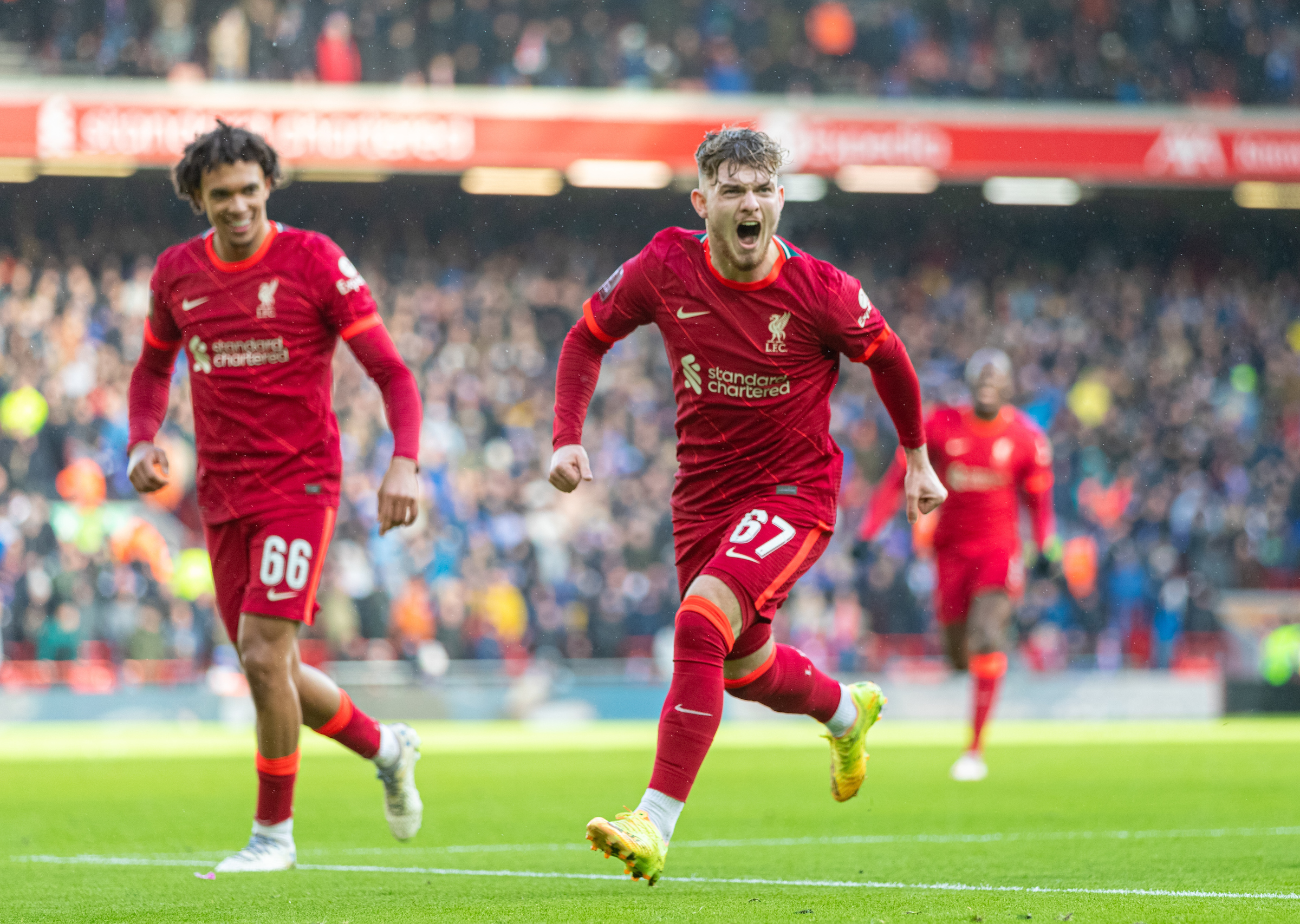 Liverpool's Harvey Elliott celebrates after scoring the third goal during the FA Cup 4th Round match between Liverpool FC and Cardiff City FC at Anfield