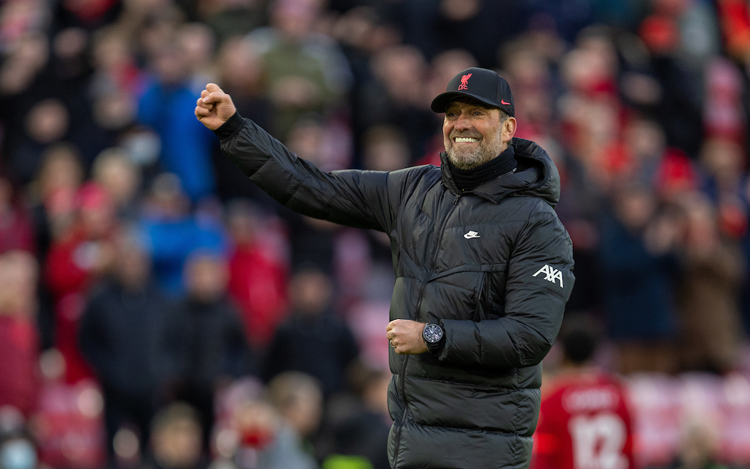 Liverpool's manager Jürgen Klopp punches the air as he celebrates with the supporters after the FA Premier League match between Liverpool FC and Norwich City FC at Anfield