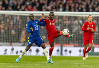 Liverpool's Naby Keita (R) and Chelsea's N'Golo Kanté during the Football League Cup Final match between Chelsea FC and Liverpool FC at Wembley Stadium