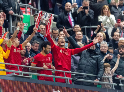 Liverpool's Virgil van Dijk lifts the trophy as his side celebrate winning the Football League Cup Final match between Chelsea FC and Liverpool FC at Wembley Stadium