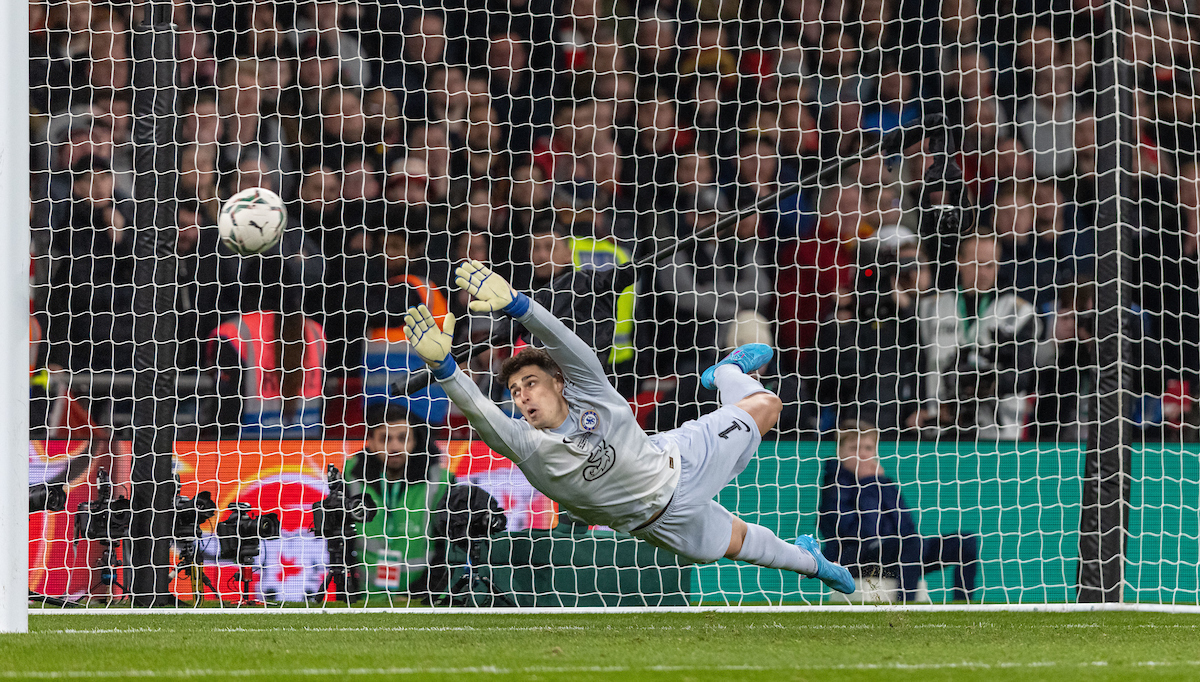 Chelsea's goalkeeper Kepa Arrizabalaga can't stop a penalty from Liverpool's Trent Alexander-Arnold during the shoot-out after the Football League Cup Final match between Chelsea FC and Liverpool FC at Wembley Stadium