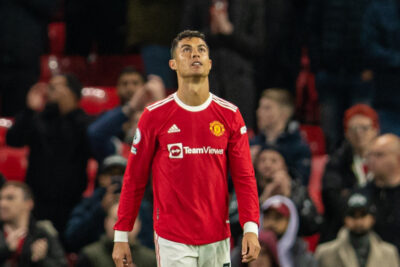 Manchester United's Cristiano Ronaldo looks dejected as his side are thrashed 5-0 during the FA Premier League match between Manchester United FC and Liverpool FC at Old Trafford
