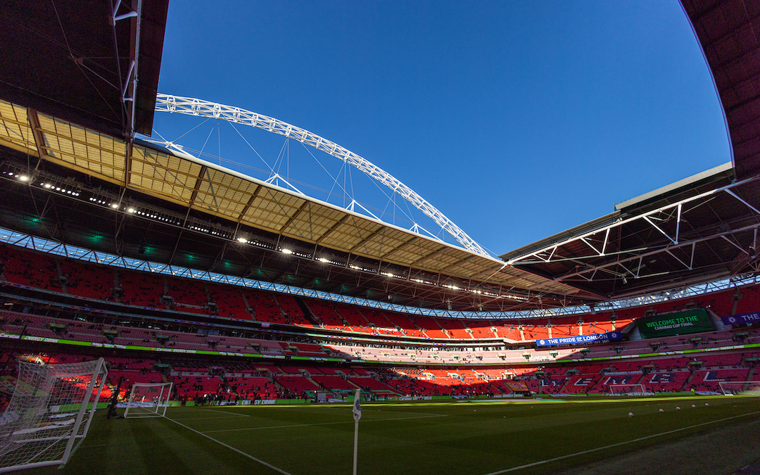 A general view of Wembley Stadium and the arch pictured before the Football League Cup Final match between Chelsea FC and Liverpool FC.