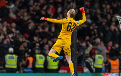 Liverpool's goalkeeper Caoimhin Kelleher celebrates as Chelsea's goalkeeper Kepa Arrizabalaga misses his side's eleventh and last penalty kick of the shoot out during the Football League Cup Final match between Chelsea FC and Liverpool FC at Wembley Stadium