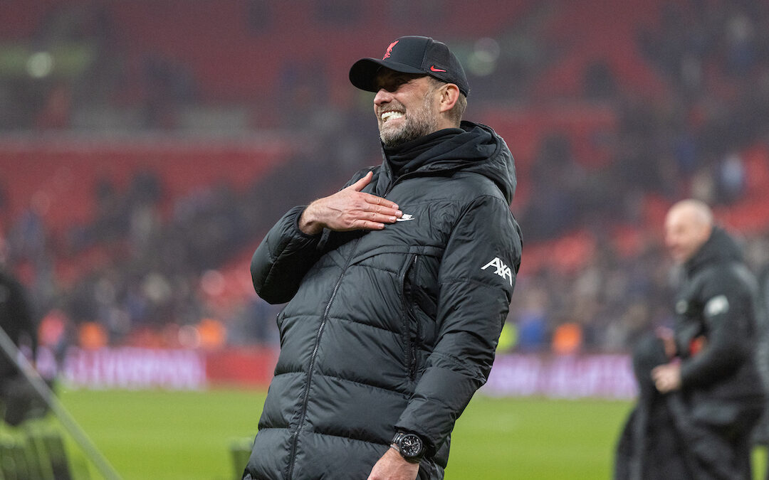 Liverpool's manager Jürgen Klopp celebrates after the Football League Cup Final match between Chelsea FC and Liverpool FC at Wembley Stadium