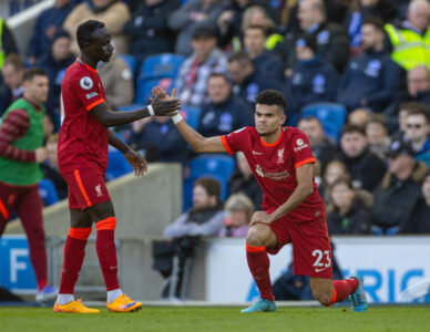 Liverpool's Luis Díaz (R) and Sadio Mané during the FA Premier League match between Brighton & Hove Albion FC and Liverpool FC at the American Express Community Stadium