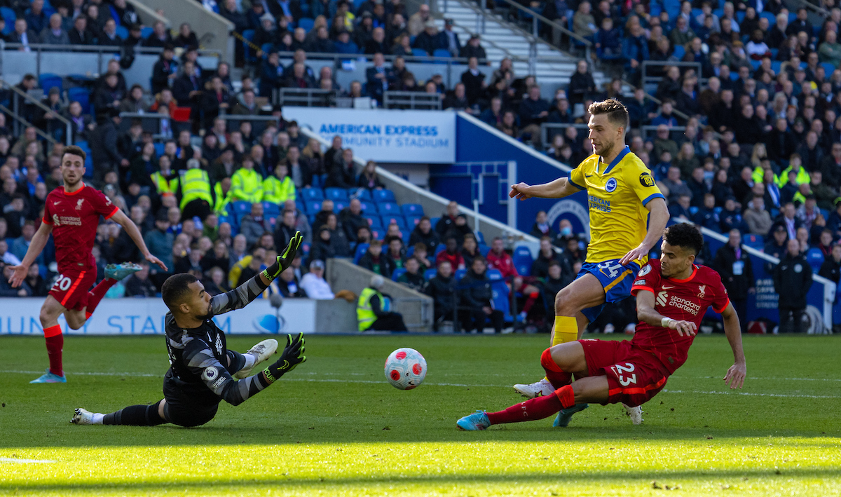 Liverpool's Luis Díaz sees his shot saved by Brighton & Hove Albion's goalkeeper Robert Sánchez during the FA Premier League match between Brighton & Hove Albion FC and Liverpool FC at the American Express Community Stadium