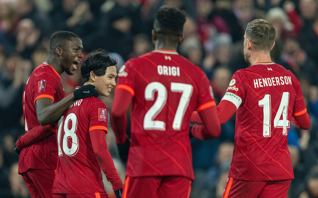 Liverpool's Takumi Minamino (2nf from L) celebrates after scoring the second goal during the FA Cup 5th Round match between Liverpool FC and Norwich City FC at Anfield