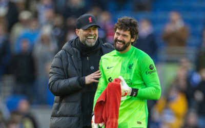 Liverpool's manager Jürgen Klopp (L) celebrates with goalkeeper Alisson Becker after the FA Premier League match between Brighton & Hove Albion FC and Liverpool FC at the AMEX Community Stadium